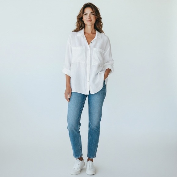 Megachoni White Linen Button Down Shirt Relaxed Fit Roll Tab Sleeve Size S - Picture 2 of 7